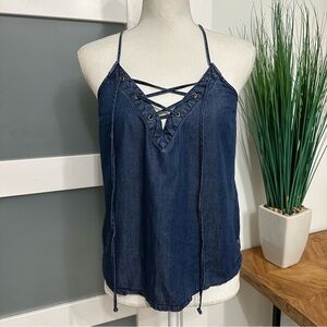 Guess Blue Lace-Up Top SZ Medium Adjustable Straps Made In India Cotton Blend
